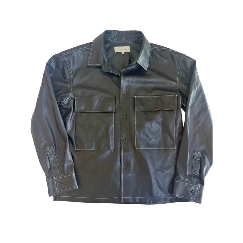 Hudson Jeans Black‎ Faux Leather Utility Shirt Jacket with Contrast Stitching S